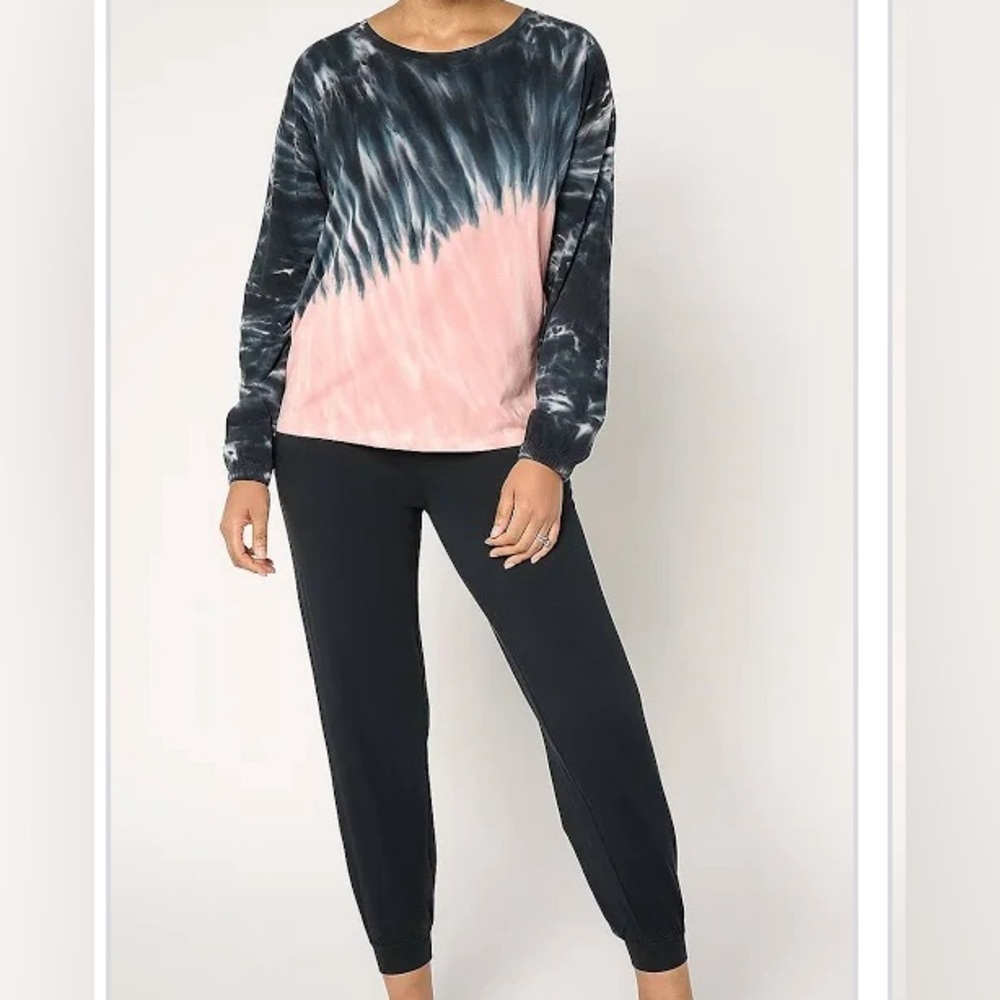 NWT AnyBody Cozy Knit Tie-Dye Top and Jogger Set Black/Blush size Medium Petite